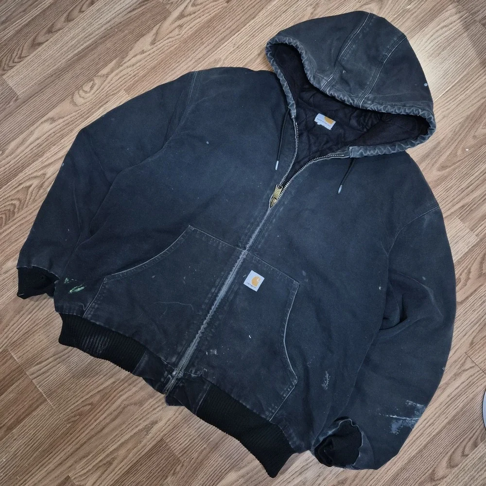 Vintage Carhartt Hooded Zip Duck Jacket Men's XLarge J140 Black Distressed Faded